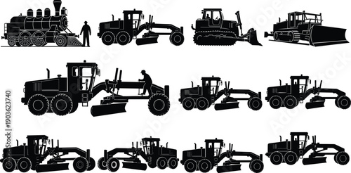 Black silhouette set of vintage steam locomotive train and modern construction machinery motor grader bulldozer and industrial road engineering equipment