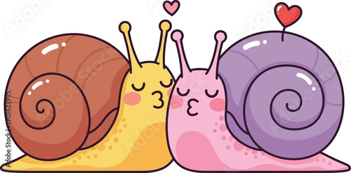 Cute snail couple in love, romantic gastropods kissing, little garden animals, valentines, romantic cartoon vector illustration