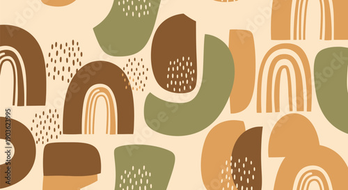 Bohemian abstract seamless pattern with rainbows arcs and organic shapes in earthy tones perfect for modern textile