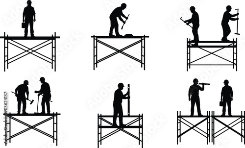 Construction workers silhouette set, builders working on scaffolding platforms, industrial labor activities, safety equipment, teamwork scenes, black vector illustration, isolated white background