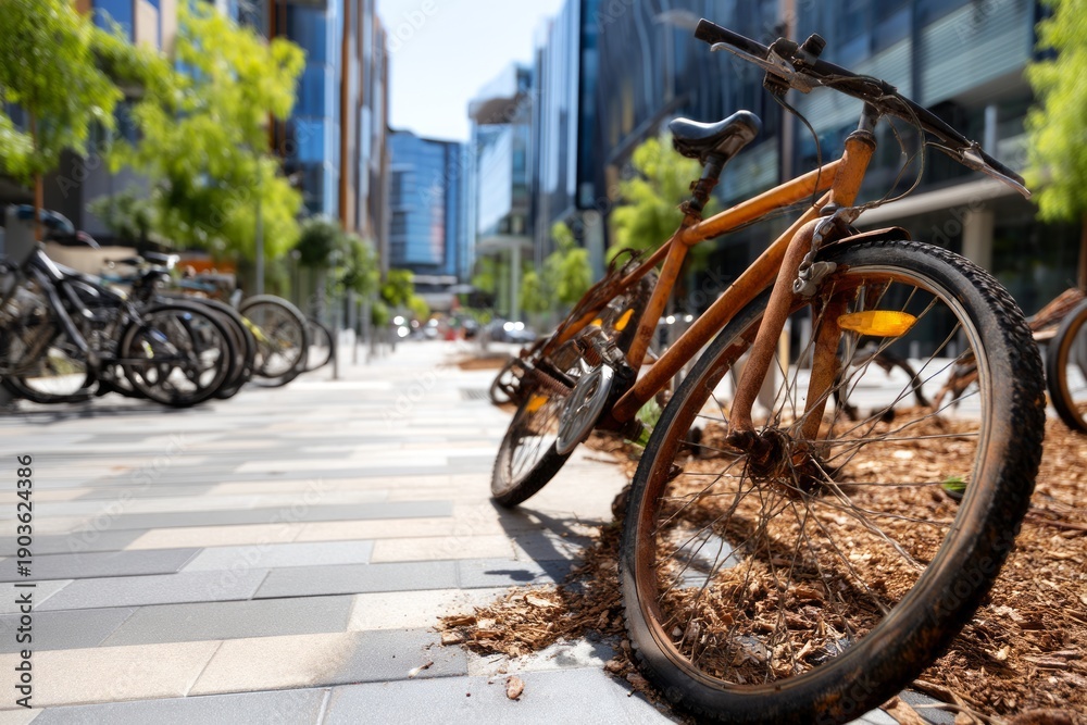Fototapeta premium Abandoned Bicycle Frames in a Parking Area Surrounded by Modern Buildings