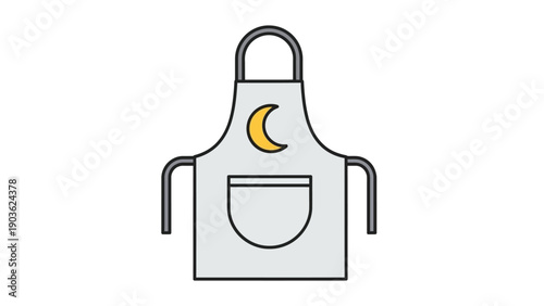 Simple line art illustration of an apron with a crescent moon symbol on a pocket