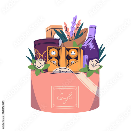 Gift box with alcohol drink, candies, flowers. Wine bottle, chocolate sweets, treats, roses for holiday present, romantic festive surprise. Flat vector illustration isolated on white background.