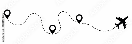 Airplane Route Path Vector Icon Featuring Dotted Flight Line, Start Point, and Destination
