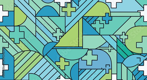 Abstract geometric pattern with blue green and white shapes including crosses triangles and arcs creating a modern