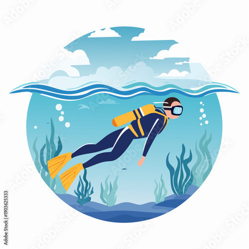 Scuba diver exploring underwater coral reef and seaweed in clear blue ocean water
