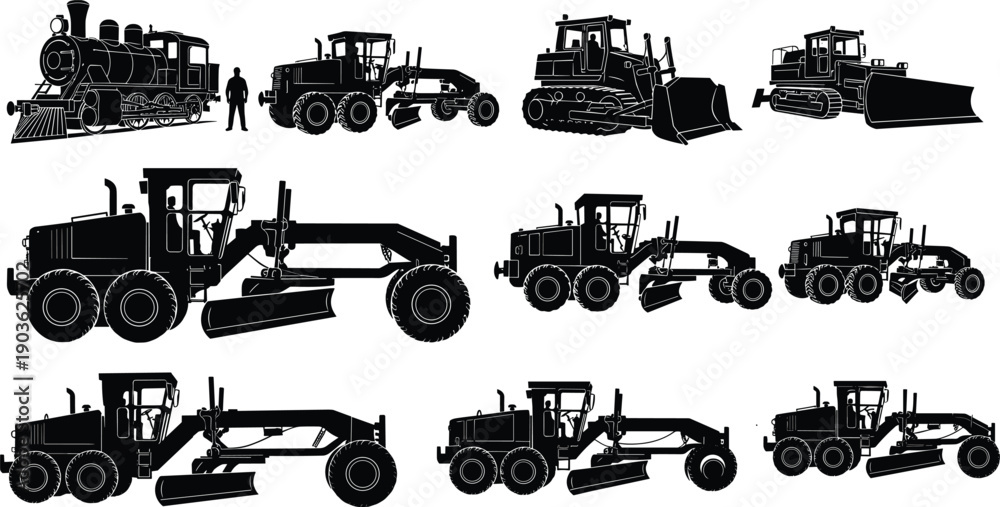 Obraz premium Detailed black silhouette collection of heavy construction machinery including motor graders bulldozers and vintage steam locomotive engine for industrial design projects.