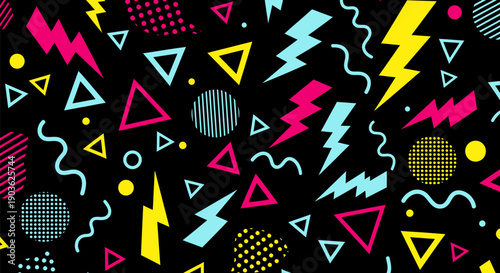 Retro 80s memphis style pattern with geometric shapes lightning bolts and wavy lines on black background vibrant pop