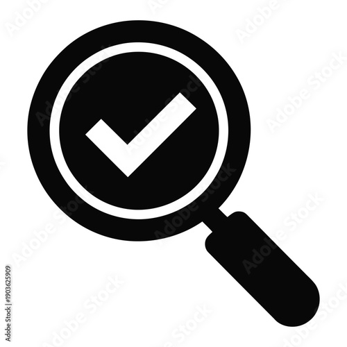 verification check mark magnifier icon, approved search and quality control symbol, inspection outline illustration isolated on white background