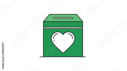 A green donation box with a heart on the front viewed from the front in a simple graphic illustration style