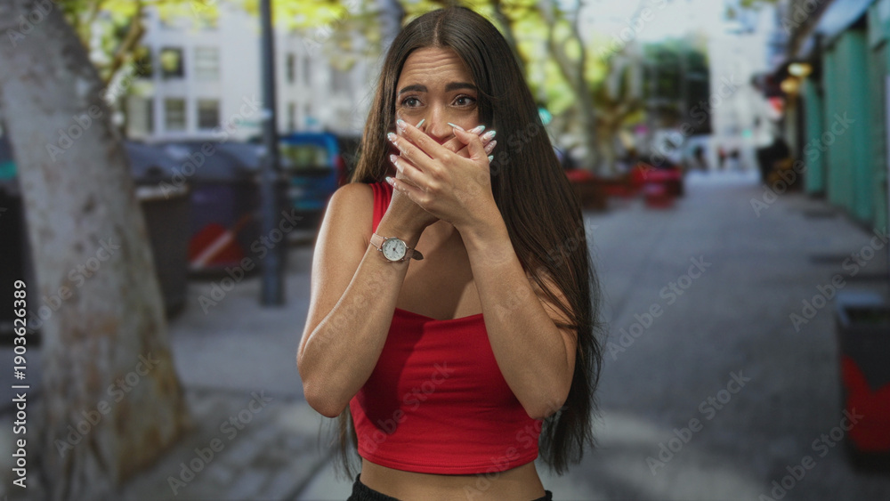 Fototapeta premium Young hispanic woman with long hair and hands covering mouth on a busy city street, wearing red crop top and wristwatch; surprise silence.