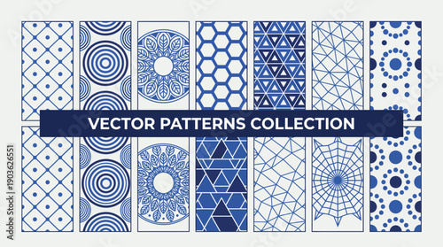 Blue vector pattern collection featuring geometric and circular motifs in repeating tiling designs for backgrounds, textiles, branding, and graphic design.