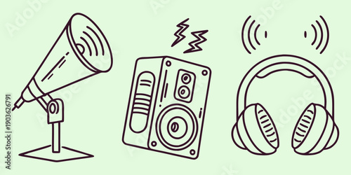 A vintage microphone, a boombox, and a pair of headphones on a green background.