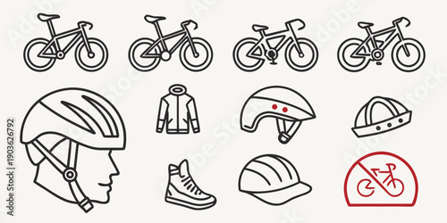 Illustration of various cycling gear and equipment for different activities