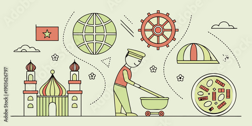 A whimsical illustration of a cityscape with unique buildings and a carnival atmosphere