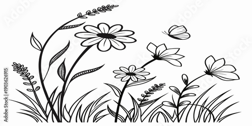 A delightful illustration of various flowers blooming in a grassy field