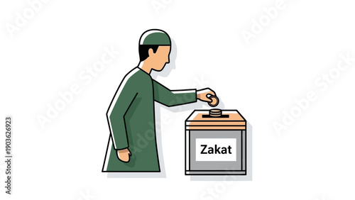 Man in green attire casting vote or donation into a box labeled Zakat