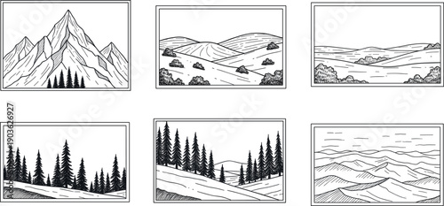 Black hand-drawn framed landscape set with mountains, rolling hills, pine forests and minimal wilderness scenery isolated on white background