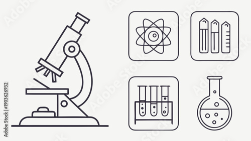 Scientific equipment and laboratory symbols representing various scientific fields