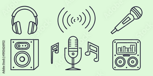 Illustration of various audio equipment and devices for recording and playback.