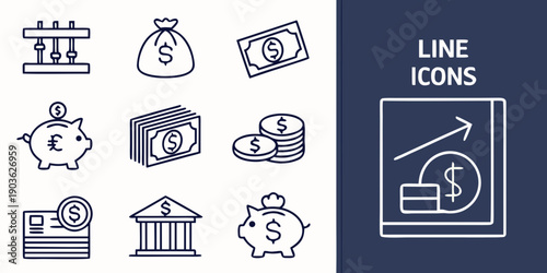 Line icons representing various aspects of finance and banking