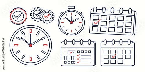 A collection of clocks, calendars, and time-related illustrations