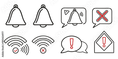 Icons representing various notification and alert scenarios and their outcomes.