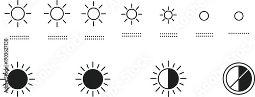 Minimal Sun and Brightness Control Icon Set with Light Level Adjustment Symbols for UI UX Interface and Display Settings Designs