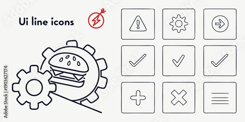 A collection of user interface line icons featuring a burger and various symbols