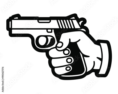 Black outline stencil of human hand holding automatic pistol or semi automatic handgun vector illustration isolated on transparent background