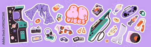 Set of 80s items. Different retro accessories of 1980s: cassettes, fashion magazines, roller skates, game machine, vinyl, boombox. Eighties nostalgia, style of 1980. Flat isolated vector illustrations