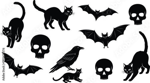 Halloween silhouette collection featuring black cats in various poses, spooky flying bats, human skulls, and a perched raven on white background.