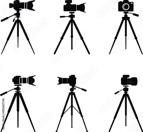 Set of Minimalist black camera tripod professional photography stand silhouette vector icon