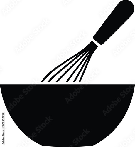 Minimalist black whisk and mixing bowl kitchen utensil silhouette vector icon