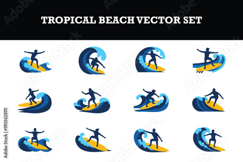 Colorful tropical beach vector set featuring surfers riding waves in various dynamic poses and styles