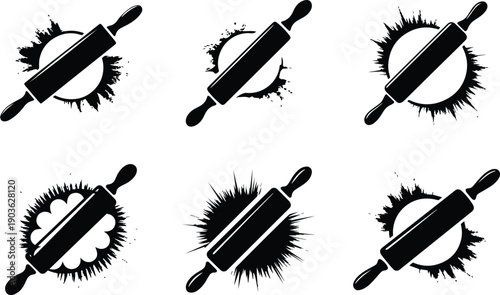 Set of Minimalist black rolling pin with flour dust effect silhouette vector icon