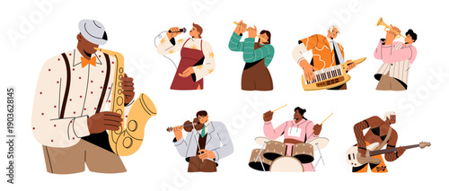 People play different music instruments set. Musicians with saxophone, guitar, drum, violin, flute. Jazz players and singers perform in concert. Flat isolated vector illustrations on white background.