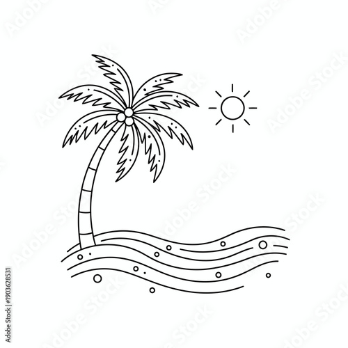 Simple Line Art Palm Tree on a Tropical Beach with Sun