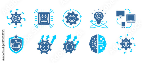 Automation icon collection set.  Icon pack contain Automation, Technology, process, innovation, digital, reability, productivity, improvement, AI system, smart system . dual tone vector.
