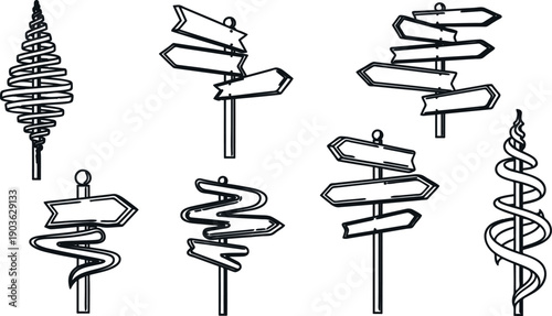 A collection of various twisted and straight directional signs on poles for navigation and guidance purposes  isolated on transparent background
