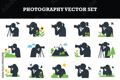 Creative photography vector set featuring silhouettes of photographers capturing nature scenes and wildlife moments in various outdoor settings