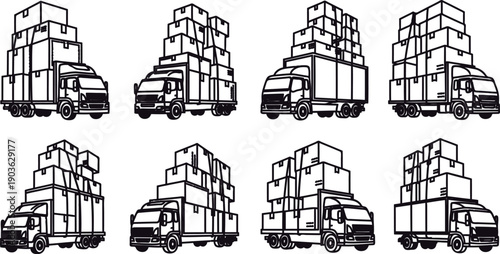 Black and white illustrations of trucks with stacked boxes on them for delivery or transportation purposes in various configurations