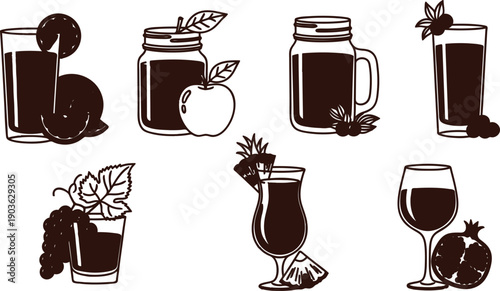 Collection of glass and jar illustrations with various fruits and juice  a set of isolated drinking glasses and mason jars with fruit infusions