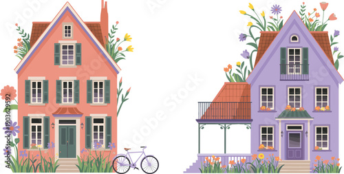 Cute pastel houses illustration set, charming cottage homes with flowers, bicycle garden details, cozy spring neighborhood scene