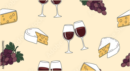 Wine and Cheese Delight: A delightful seamless pattern showcases glasses of red wine, complemented by assorted cheeses and bunches of grapes, inviting a sensory exploration.