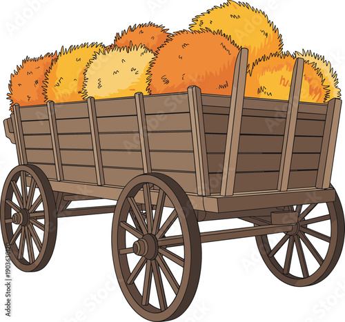 Wooden farm wagon filled with golden hay bales illustration, ideal for agriculture themes, harvest season concepts, rural countryside design, traditional farming visuals, and rustic graphics