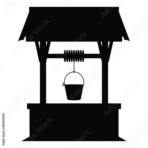 water well icon with bucket in silhouette style isolated on white background for village rural life history and water supply concept