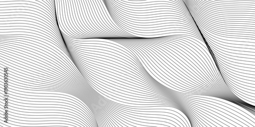Wave lines abstract background, black thin wavy stripes with movement optical effect. Minimalistic drawing, graphic curves flow. Modern vector illustration isolated on white.