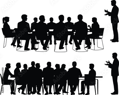 Business meeting silhouette illustration with team discussion presentation conference corporate people sitting table leadership concept vector