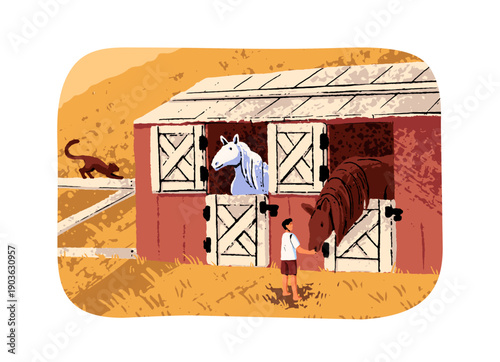 Kid cares, feeding, stroking horses in stable. Child loves farm animals. Countryside barn, country building for livestock on homestead, ranch. Flat isolated vector illustration on white background.